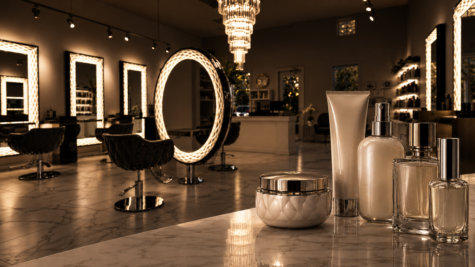 Interior premium de Elyssia Beauty Salon con productos de belleza sobre una superficie elegante